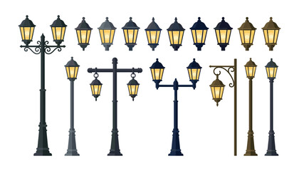 Vintage street lamp post vector set with glowing classic lanterns for urban city night lighting and outdoor architectural design © Monzurul