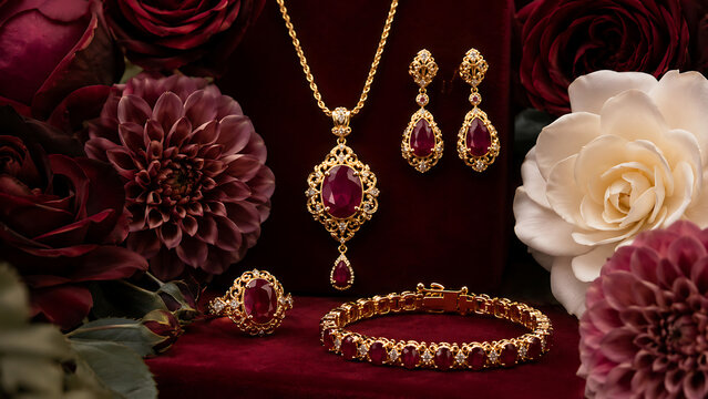 Exquisite gold jewelry set with ruby gemstones arranged elegantly against a dark red.