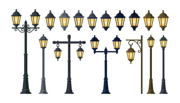 Vintage street lamp post vector set with glowing classic lanterns for urban city night lighting and outdoor architectural design