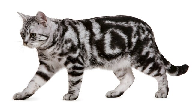 Silver tabby cat walking isolated on white background background cut out