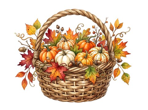 Autumn harvest basket filled with pumpkins, gourds, and fall leaves for seasonal decoration and Thanksgiving centerpiece