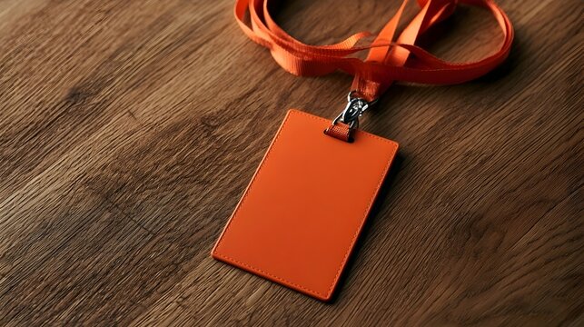 Vertical orange id badge card holder with fabric neck strap for professional employee access pass tool.