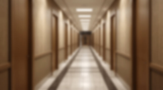Blurred long empty hotel corridor with wooden doors and bright ceiling lights.