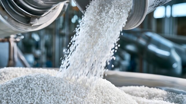 White plastic polymer pellets pouring from an industrial machine into a large storage container in a manufacturing facility.