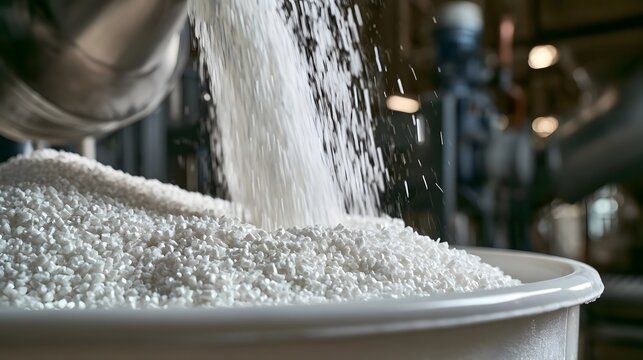 White plastic polymer pellets pouring from an industrial machine into a large storage container in a manufacturing facility.