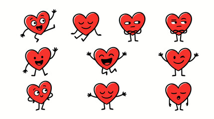 Set of Cute Cartoon Heart Characters Expressing Various Emotions and Actions Isolated