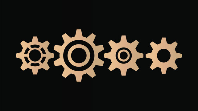 Golden mechanical gear cogwheels row vector illustration representing process system teamwork progress technology concept isolated on black background.