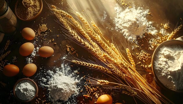 Baking Ingredients with Wheat Ears Flour and Fresh Eggs on Rustic Wooden Table in Sunlight