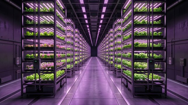 Vertical farming rows with LED lights for indoor agriculture production