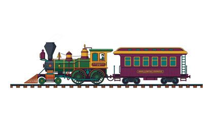 Vintage steam locomotive train and passenger carriage vector illustration traveling on tracks isolated on white background © moinul