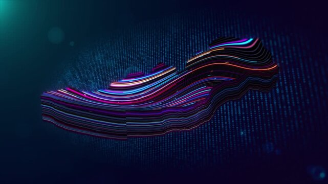 Futuristic Slovakia map reveal animation uses colorful flowing lines, luminous particles, dotted blue grid, dimensional extrusion, and atmospheric lighting for a modern digital background.