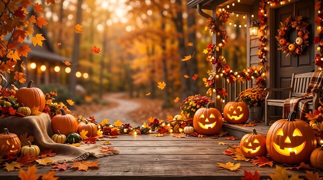 Festive halloween porch decorated with glowing jack o lanterns and autumn leaves at sunset in a cozy neighborhood