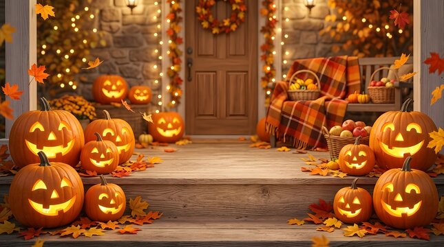 Front porch decorated for halloween with glowing jack o lanterns and autumn leaves at night