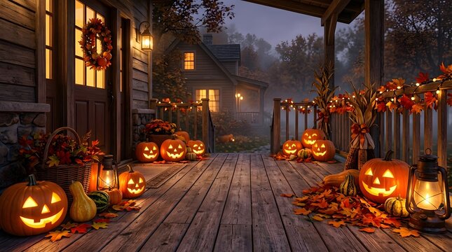 Cozy rustic cabin porch decorated with glowing jack o lanterns for a festive halloween evening celebration