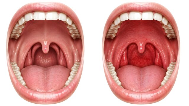 Medical comparison of a healthy oral cavity and inflamed throat showing normal versus irritated throat anatomy
