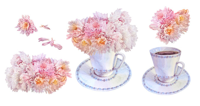 Watercolor set with bouquet flower pink chrysanthemum in cup isolated on white background. Hand-drawn clipart for sketchbook. Romantic object for wedding celebration card. Wallpaper or wrapping