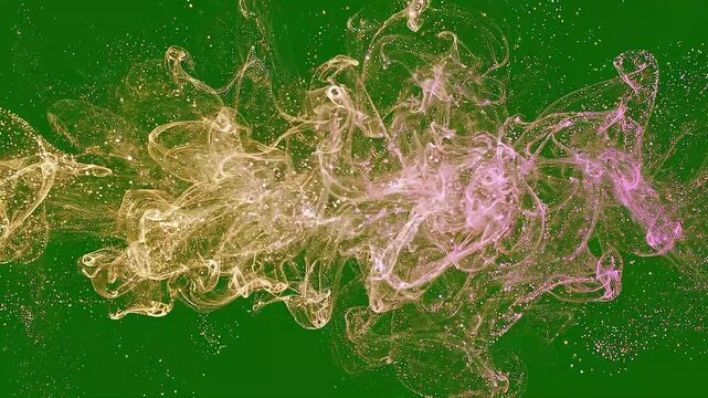 Gold and Pink Ink Smoke Collision Mixing from Both Sides on Green Screen Chroma Key 4K Stock Footage for Video Editors Cinematic VFX Liquid Particle Flow Smoke Burst Transition Overlay Intro Animation