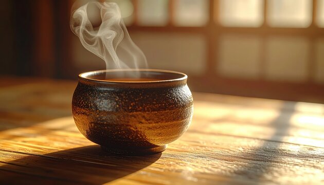 Primer plano de taza de t&eacute; de cer&aacute;mica tradicional coreana con t&eacute; humeante sobre fondo de hanji