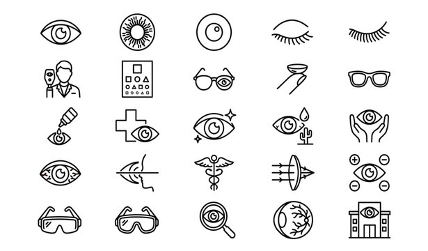 Eye Care Vision Protection Line Icon Collection with Ophthalmology Optometry Retina Glasses LASIK and Medical Eye System Vector
