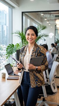 Confident Asian businesswoman wearing elegant Indonesian batik blazer holding tablet and document folder in modern open space office background, corporate professional and national batik day concept