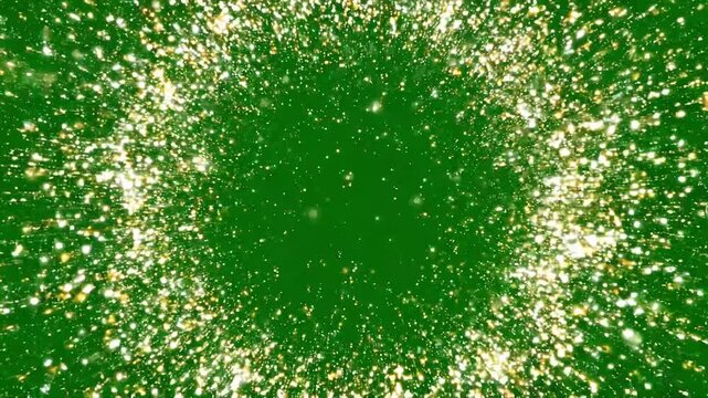 Golden Particle Burst Explosion Overlay on Green Screen Chroma Key Background 4K Stock Footage for Video Editors Cinematic VFX Magic Dust Sparks Transition Animation Shining Glitter Loop Intro Effect