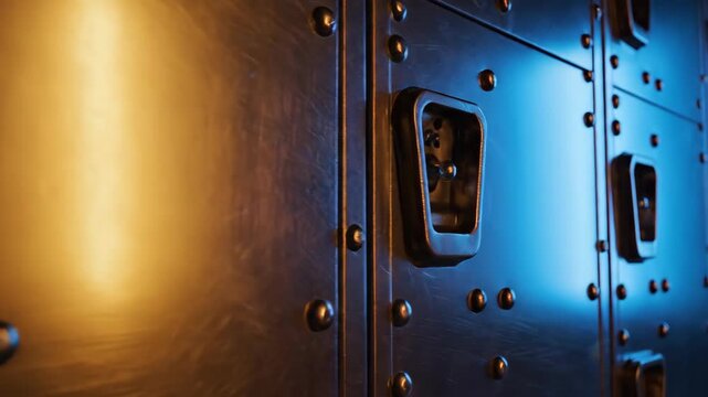 Industrial metallic wall with latches and dramatic two-tone lighting