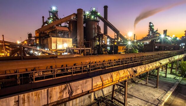 Industrial blast furnace facility at twilight with illuminated steel plant infrastructure and smoke emitting from smokestacks