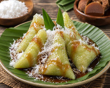 Kue lupis, a traditional Southeast Asian snack drizzled with thick palm sugar and sprinkled with grated coconut, served on a banana leaf, evokes Indonesia's culinary heritage and authentic Asian flavo
