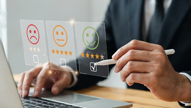 Customer feedback survey with satisfaction rating stars and emojis during digital review