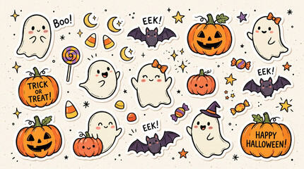 Fototapeta premium Cute hand drawn Halloween sticker set with ghosts pumpkins bats and candy elements.