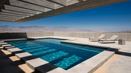 Fototapeta premium A luxurious modern concrete villa featuring a sparkling blue swimming pool with sun loungers on a spacious patio. The minimalist architecture is framed by a desert landscape and distant mountains u...