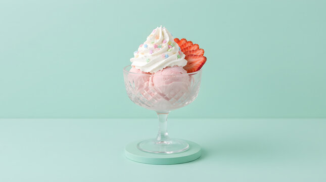 Delicious pink strawberry ice cream sundae served in an elegant crystal glass dessert bowl on a mint green background. The dessert is beautifully topped with fluffy whipped cream, colorful star spr...
