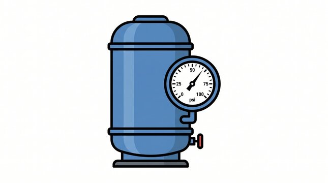 off grid microgrid solution resources efficiency concept. Blue pressure tank with gauge showing pressure in psi and kPa.