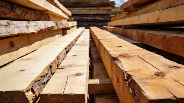 Rough Sawn Natural Timber Planks Stacked in a Rustic Lumber Yard