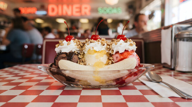 A delicious classic banana split dessert served in a glass dish on a red and white checkered tablecloth. The background features a blurry retro American diner interior with a neon sign, creating a...