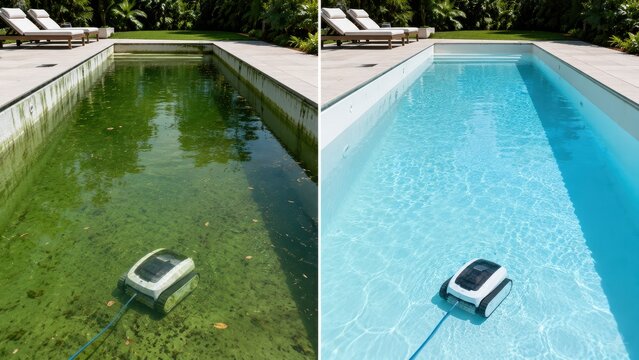Robotic pool vacuum before and after comparison, dirty green algae pool versus clean clear blue water, automatic pool cleaner transformation result
