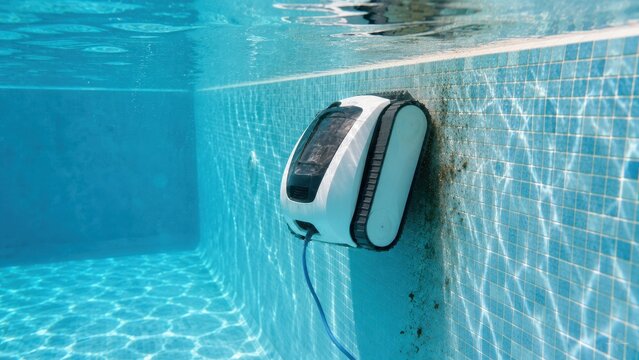 Robotic pool vacuum cleaning dirty algae stained tile wall underwater, automatic pool wall cleaner scrubbing mosaic tiles in blue swimming pool
