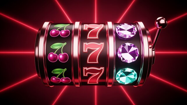 
Colorful casino slot machine showing lucky sevens cherries diamonds and jackpot symbols