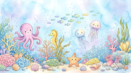 Obraz premium Watercolor illustration of cute sea creatures in an underwater coral reef.