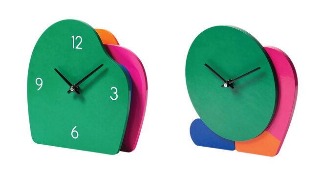 Contemporary Colorful Abstract Table Clock: A small sculptural table clock with an unconventional asymmetric silhouette, contrasting emerald green, vivid fuchsia, orange and deep blue surfaces, PNG 
