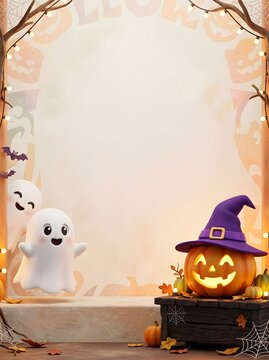 Bright vertical Halloween backdrop featuring an illuminated arch frame, cute floating ghosts, glowing pumpkin, and fall leaves decorations.