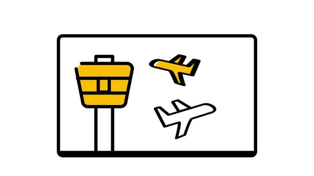 An airport control tower flanked by two small airplanes flying nearby represents aviation air traffic control and busy international air travel routes
