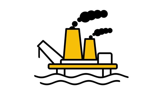 An offshore oil rig platform floating on ocean water with rising smoke stacks represents petroleum drilling ocean industry and energy production plant