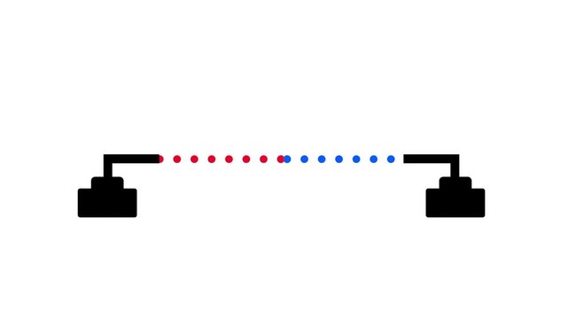 A dotted red and blue line connecting two plug shaped icons represents a stable network cable connection data link or wireless communication signal