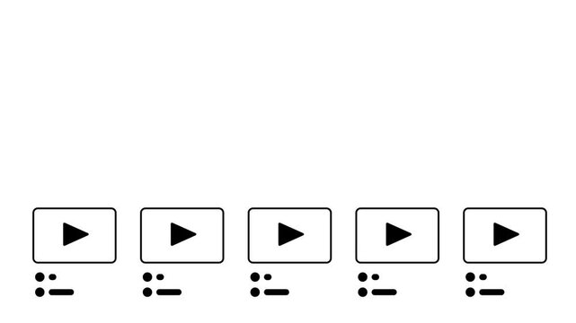 A vertical list of five video thumbnails each marked with a small play button represents a playlist media library or online video course collection