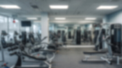 Fototapeta premium Blurred background of modern gym interior with fitness equipment and workout machines.