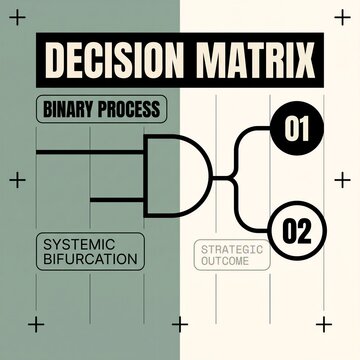 Decision matrix diagram with logic gate symbol representing binary process and strategic outcome options