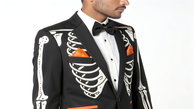 Man wearing black tuxedo with skeleton
