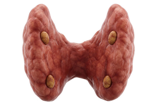 Detailed 3D anatomical illustration showing the thyroid gland with four small parathyroid glands positioned on its posterior surface.
