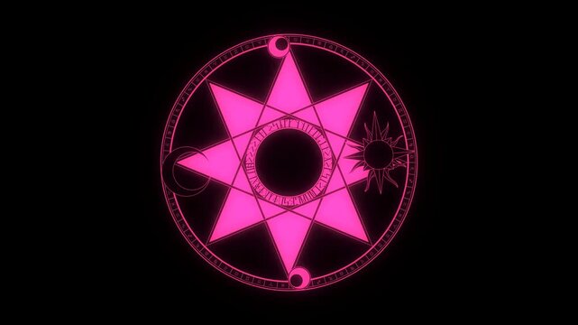Glowing Magenta Magic Summoning Circle With Zodiac Wheel Hexagram And Runes 4K Luma Key Overlay On Black